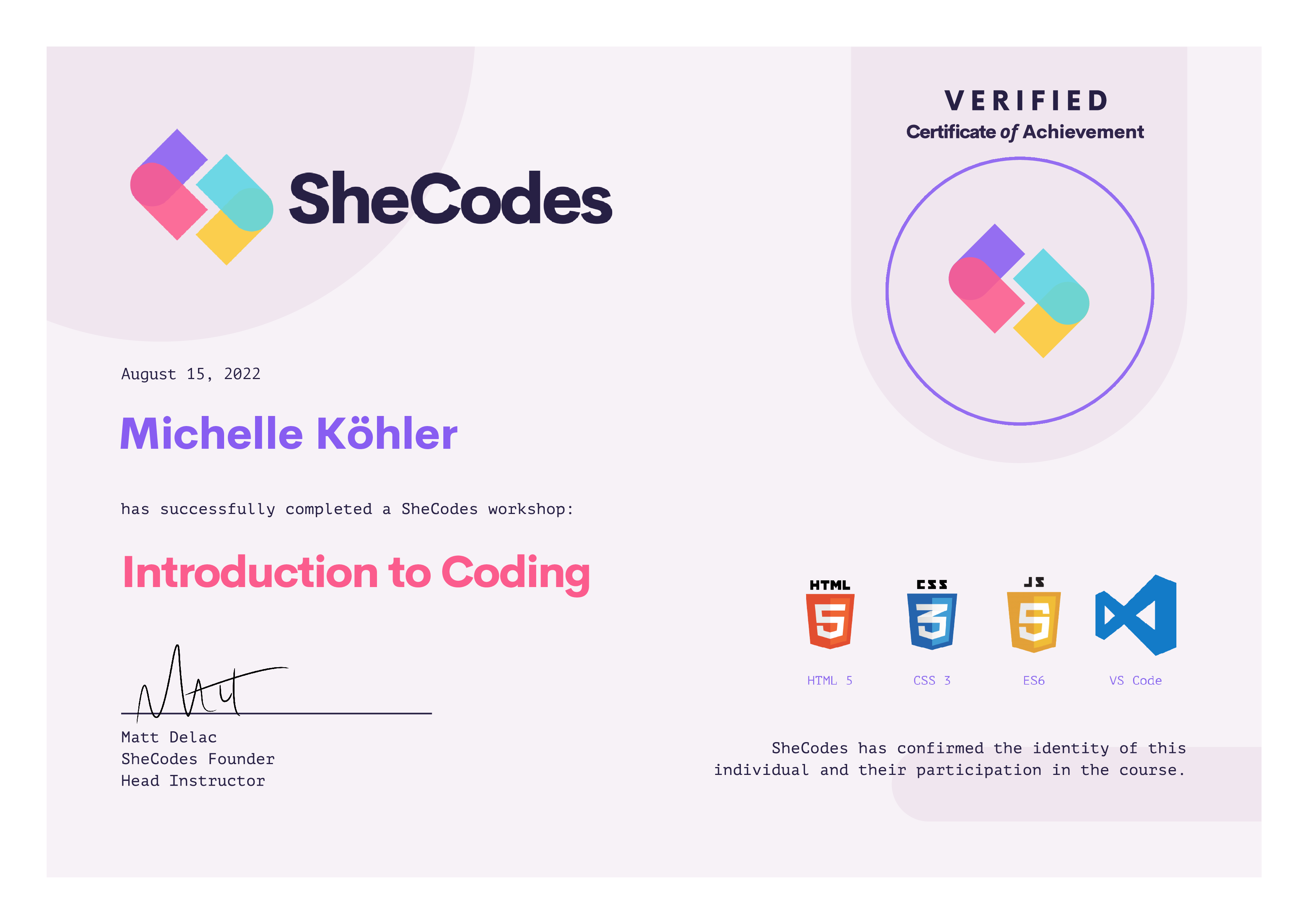 SheCodes Basics Certificate from Michelle Köhler