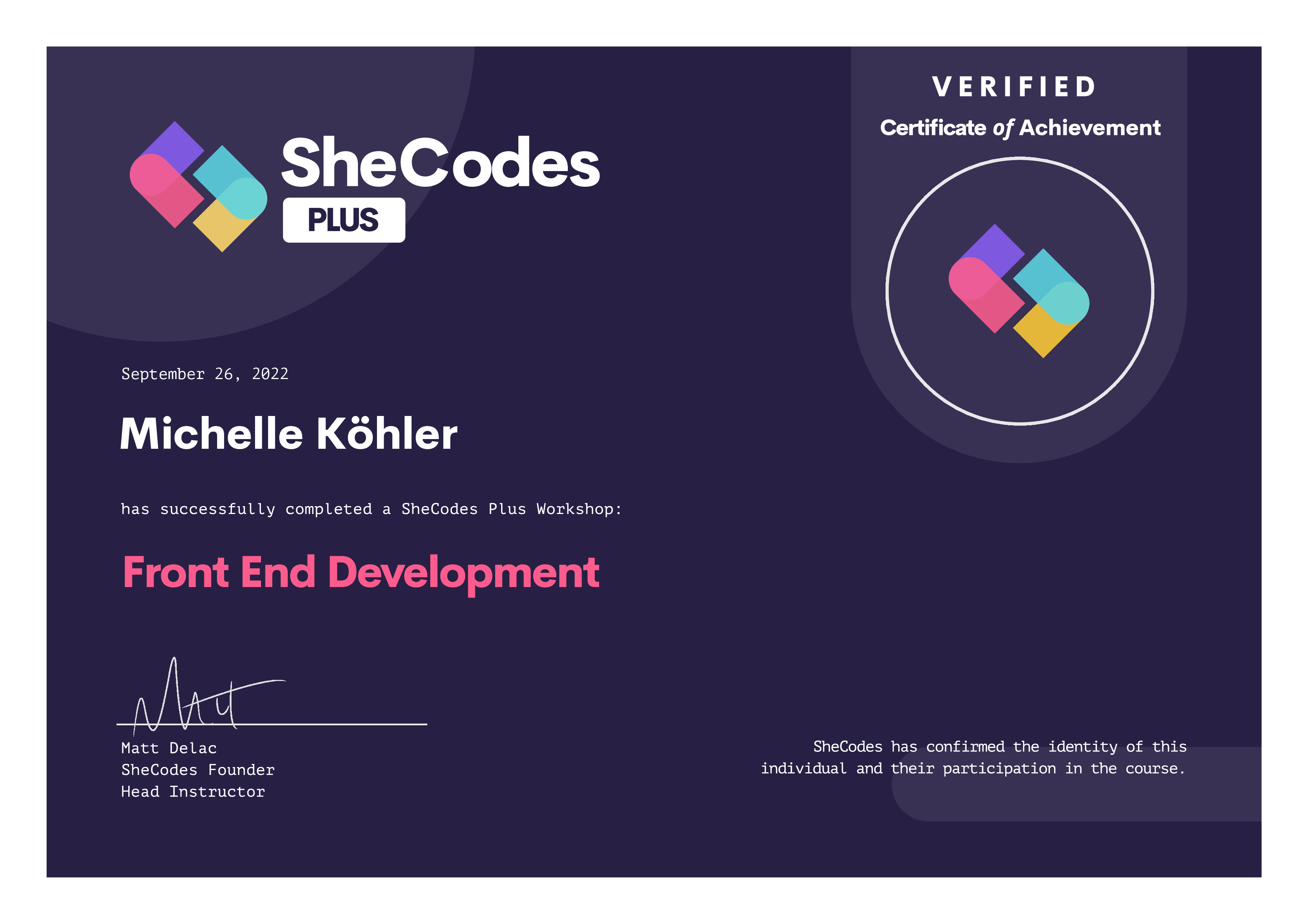 SheCodes Plus Certificate from Michelle Köhler