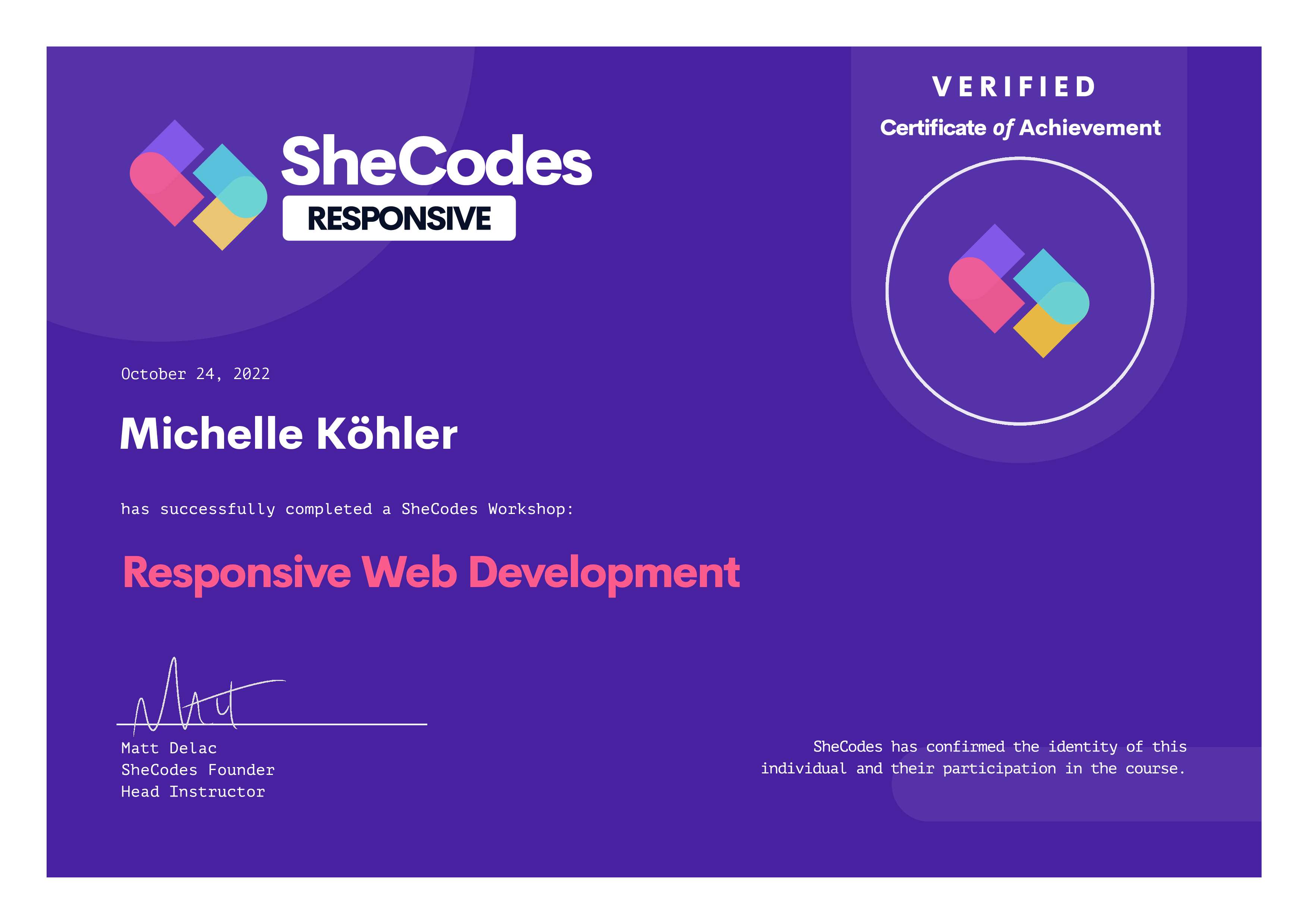 SheCodes Responsive Certificate from Michelle Köhler